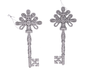 Zawieszki brokatowe na choinkę plastikowe klucze srebrne  2 szt.