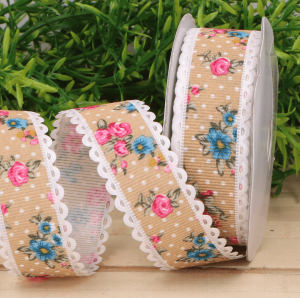 Wstążka w kwiaty piaskowa 2cm 9m
