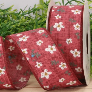 Wstążka w kwiatki bordowa 4cm 9m