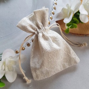 Woreczek materiałowy z koronką krem ślub 15cm