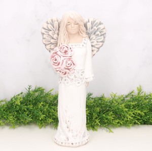 Anioł aniołek gipsowy koronka z kwiatami 33cm