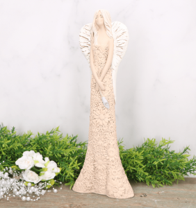 Anioł aniołek gipsowy kwiecista sukienka brzoskwiniowy 34cm