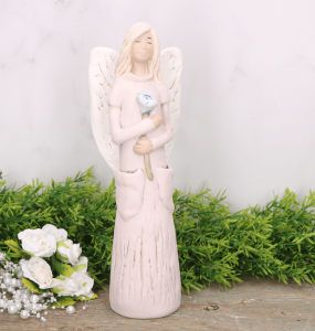 Anioł aniołek gipsowy z kieszeniami i różą różowy 25cm  