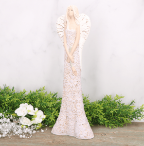 Anioł aniołek gipsowy kwiecista sukienka fiolet 34cm 