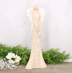 Anioł aniołek gipsowy kwiecista sukienka krem 34cm  