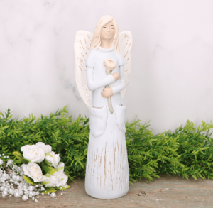 Anioł aniołek gipsowy z kieszeniami i różą błękit 25cm  