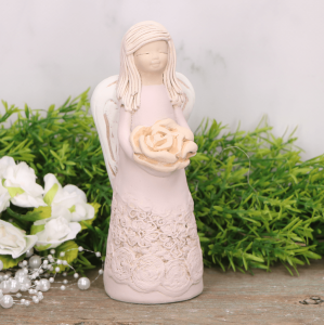 Anioł aniołek gipsowy z kwiatem fiolet 16cm  