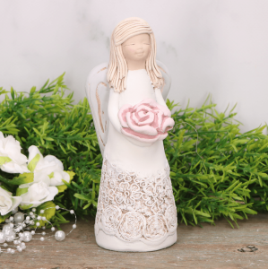 Anioł aniołek gipsowy z kwiatem błękit 16cm  