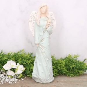 Anioł aniołek gipsowy z różą błękitny 31cm 