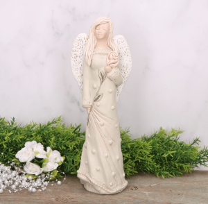 Anioł aniołek gipsowy z różą miętowy 31cm