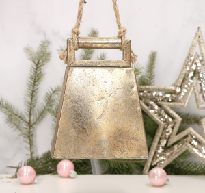 Zawieszka dzwonek metalowy, złoty na sznurku 16cm