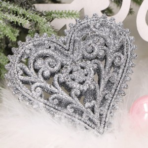 Zawieszki brokatowe serduszka srebro 9cm 2szt