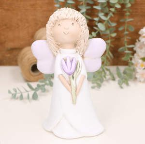Aniołek dziewczynka z fioletowym tulipanem 21cm