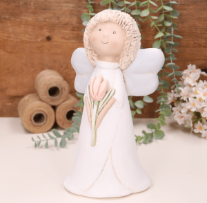 Aniołek dziewczynka z tulipanem szare skrzydła 25cm