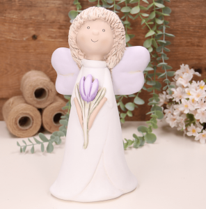 Aniołek dziewczynka z fioletowym tulipanem 25cm  