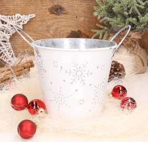  osłonka metal okrągła/wiaderko białe w śnieżynki 