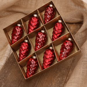 Szyszka szklana czerwona 9cm- 9 sztuk w złotym opakowaniu