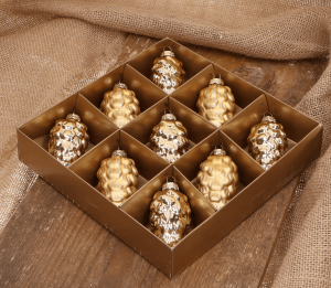 Szyszka szklana złota 9cm- 9 sztuk w złotym opakowaniu