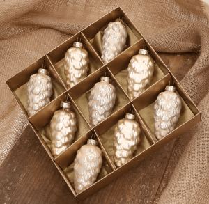 Szyszka szklana szampan 9cm- 9 sztuk w złotym opakowaniu