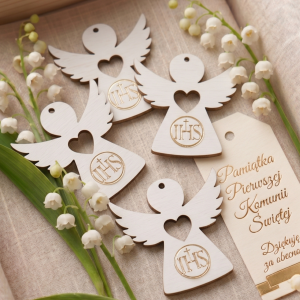 Drewniany aniołek biały podziękowania IHS komunia chrzest 5cm 5szt 