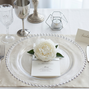 Talerz podtalerz transparentny przeźroczysty srebrne kuleczki 32cm