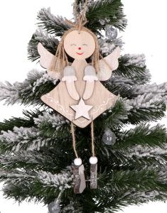 Drewniana zawieszka na choinkę aniołek szary 21 cm