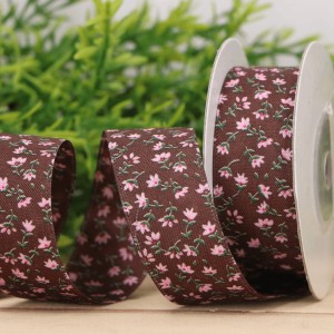 Wstążka w kwiaty ciemny brąz 2,5cm 9m   