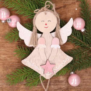 Drewniana zawieszka na choinkę aniołek różowy 28 cm