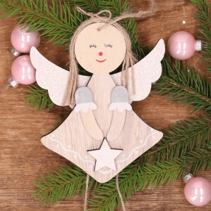 Drewniana zawieszka na choinkę aniołek szary 28 cm