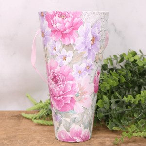 Pudełko ozdobne w kwiaty stożek flowerbox szarość i róż 26cm. 