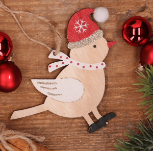 Ptaszek świąteczny zawieszka 12cm - czapka ze śnieżynką