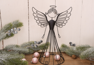 Ażurowy metalowy anioł dekoracyjny – czarny, 21 cm