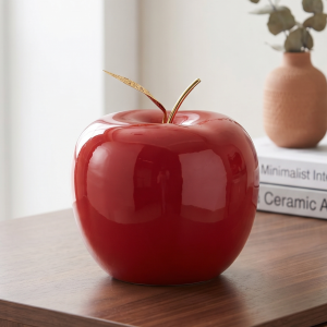 Jabłko ceramiczne z metalowym listkiem czerwone 12x12x12 cm